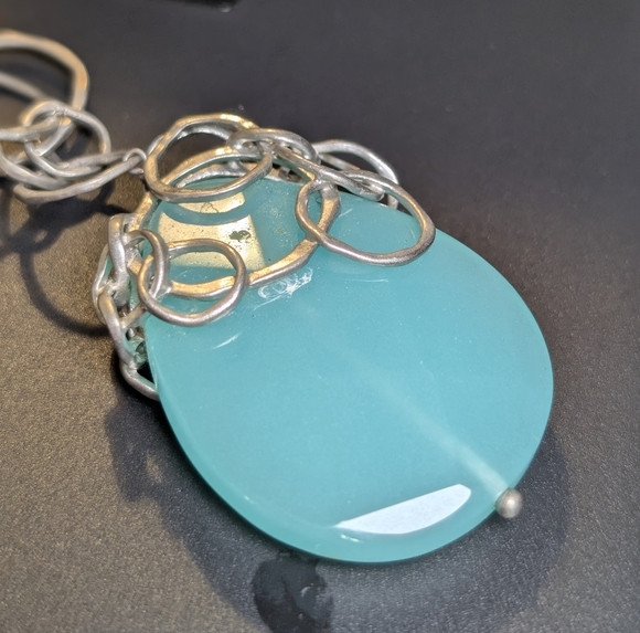 Lia Sophia Aqua Glass Pendant Necklace Silver Statement Coastal Quiet Luxury - Picture 7 of 9